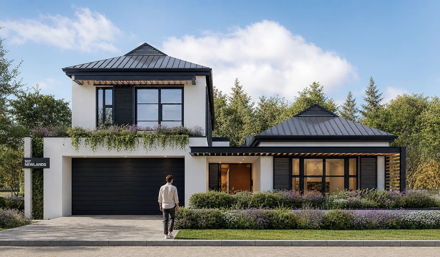 Street view of the proposed home, with planted balcony and dark pitched roofs — architectural visualisation, Newlands Estate, Erf 507