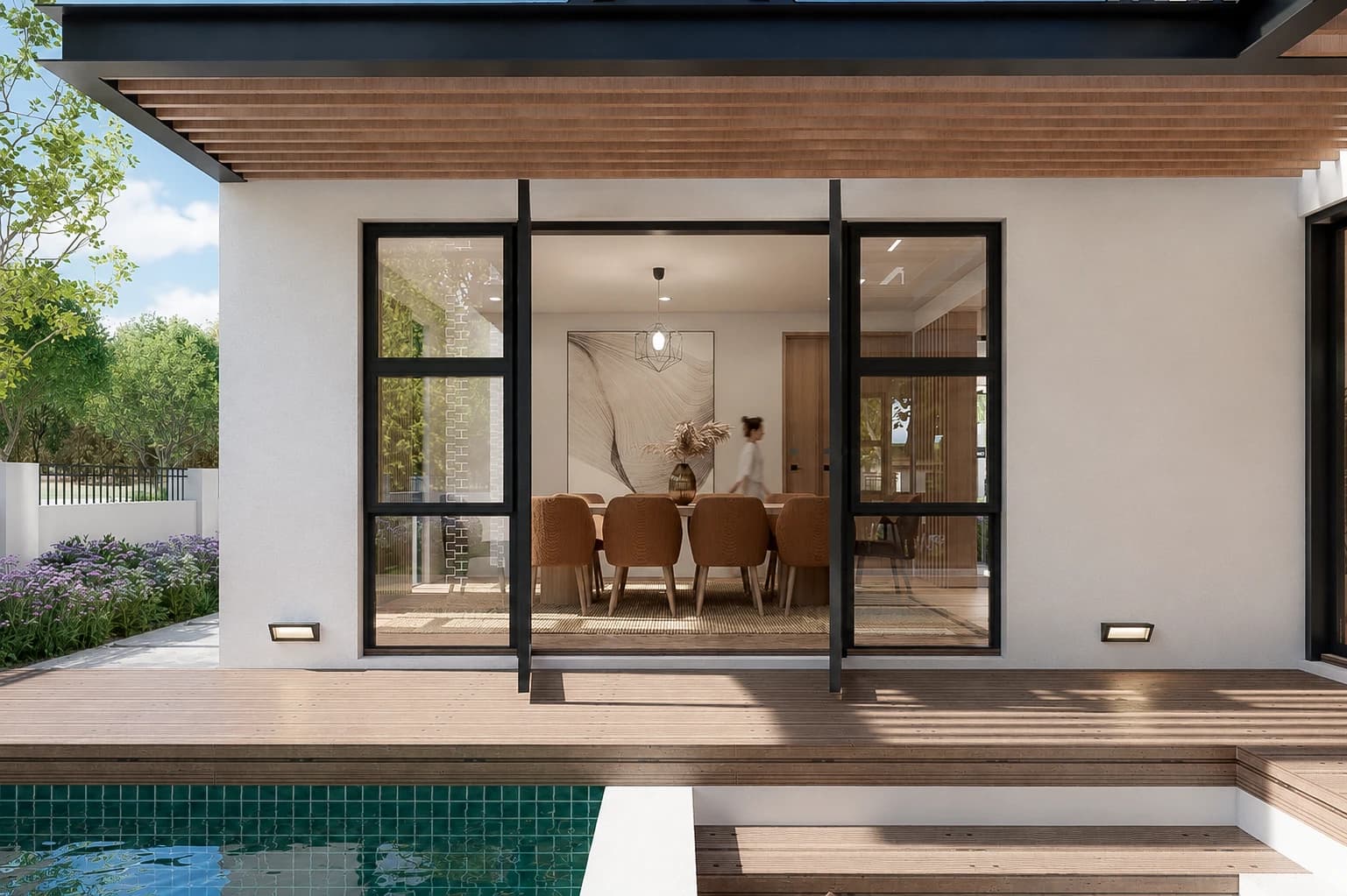 Dining room opening onto the courtyard deck and pool — architectural visualisation, Newlands Estate, Erf 507