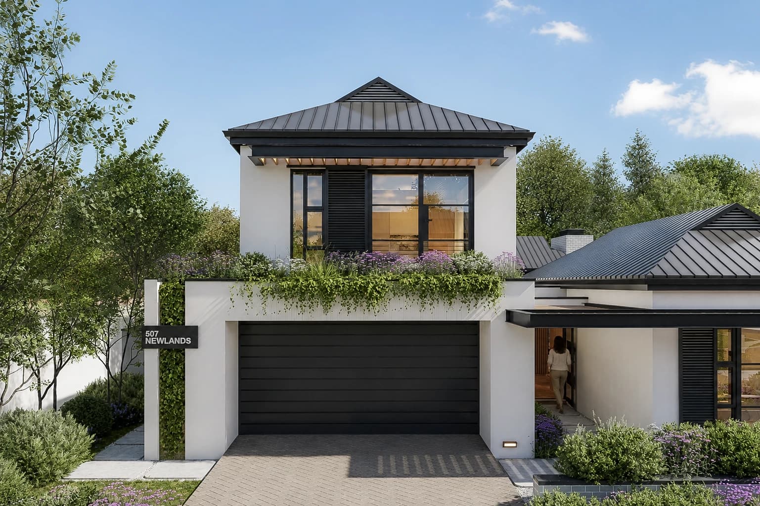 Proposed front elevation with a planted balcony above the garage — architectural visualisation, Newlands Estate, Erf 507
