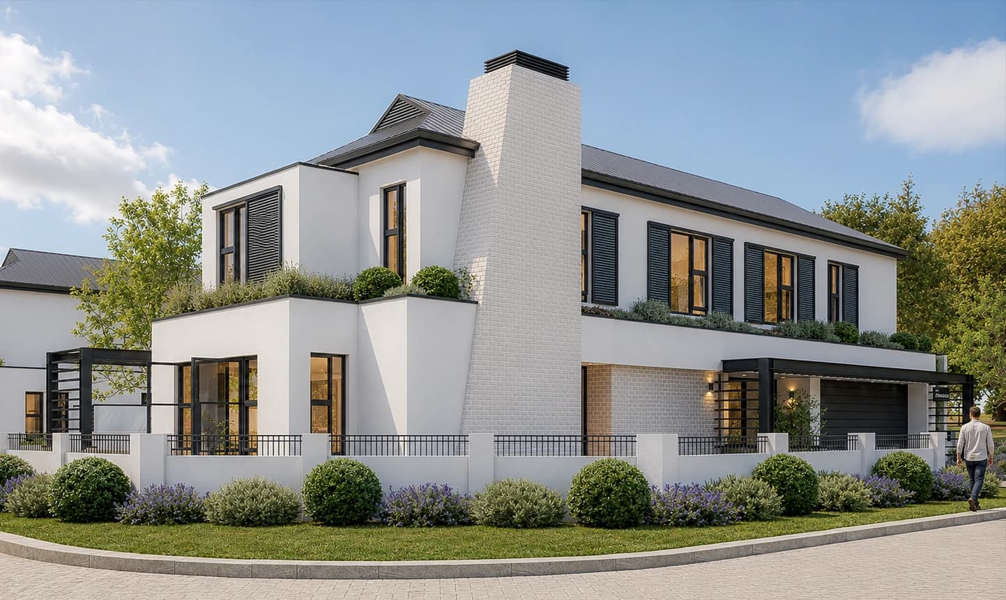 Corner view of the proposed two-storey home with planted balconies and a garden — architectural visualisation, Newlands Estate, Erf 508