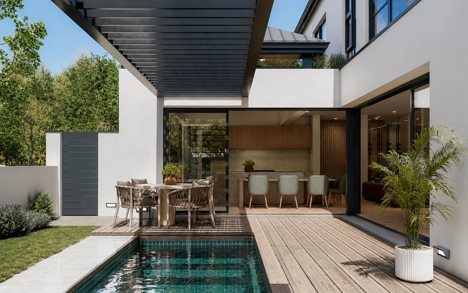 Proposed kitchen and dining space opening onto a shaded deck and pool — architectural visualisation, Newlands Estate, Erf 508
