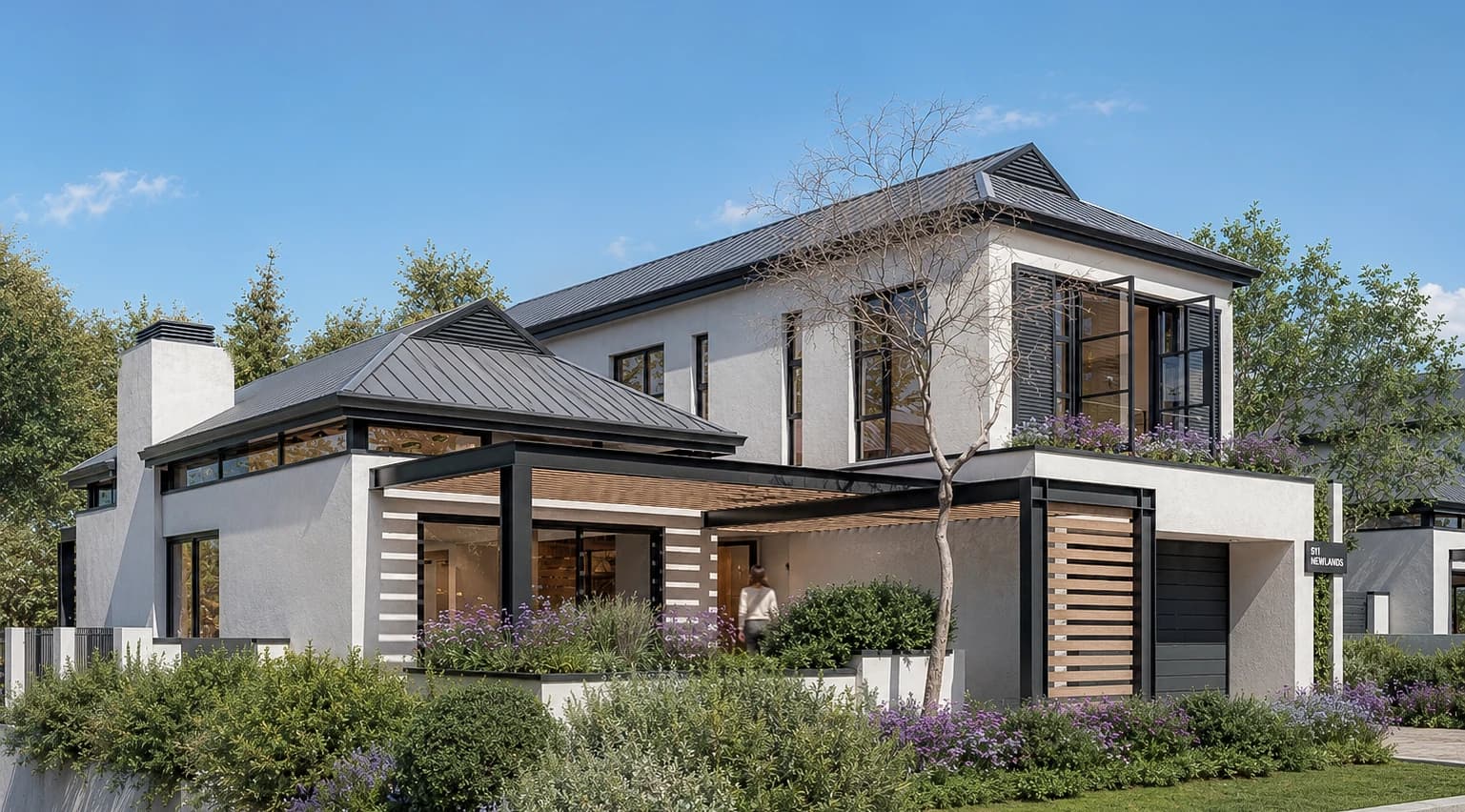 Proposed home with a shaded terrace, timber screening and garden planting — architectural visualisation, Newlands Estate, Erf 511