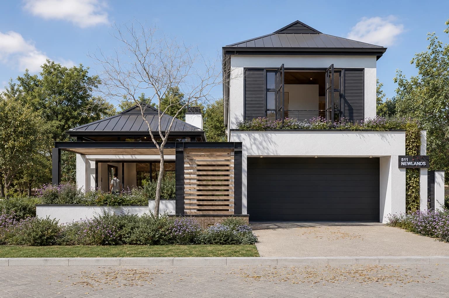 Street elevation showing the proposed entrance, garage and upper balcony — architectural visualisation, Newlands Estate, Erf 511