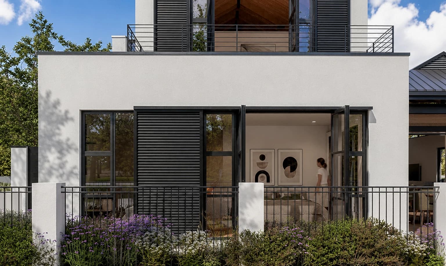 Garden-facing windows beneath the proposed upper balcony — architectural visualisation, Newlands Estate, Erf 511