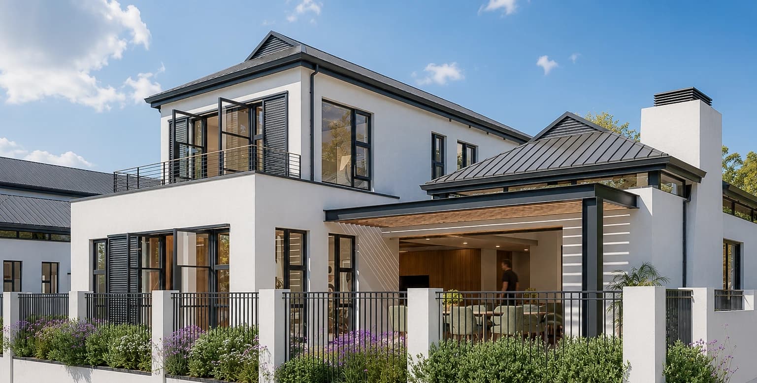 Corner view of the proposed home with open terrace and layered planting — architectural visualisation, Newlands Estate, Erf 511